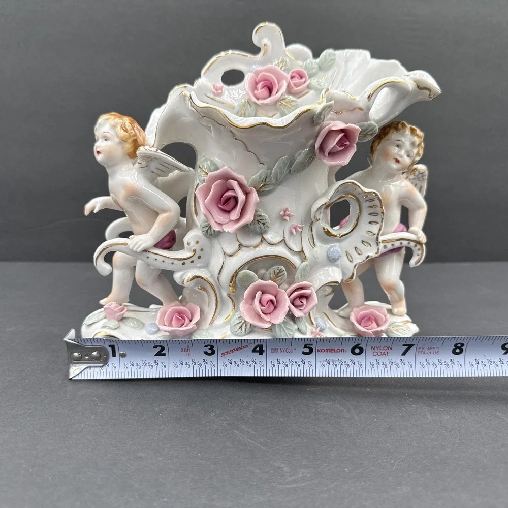 Vintage UCAGCO Ceramics Japan Winged Cherubs Roses‎ Vase Damaged